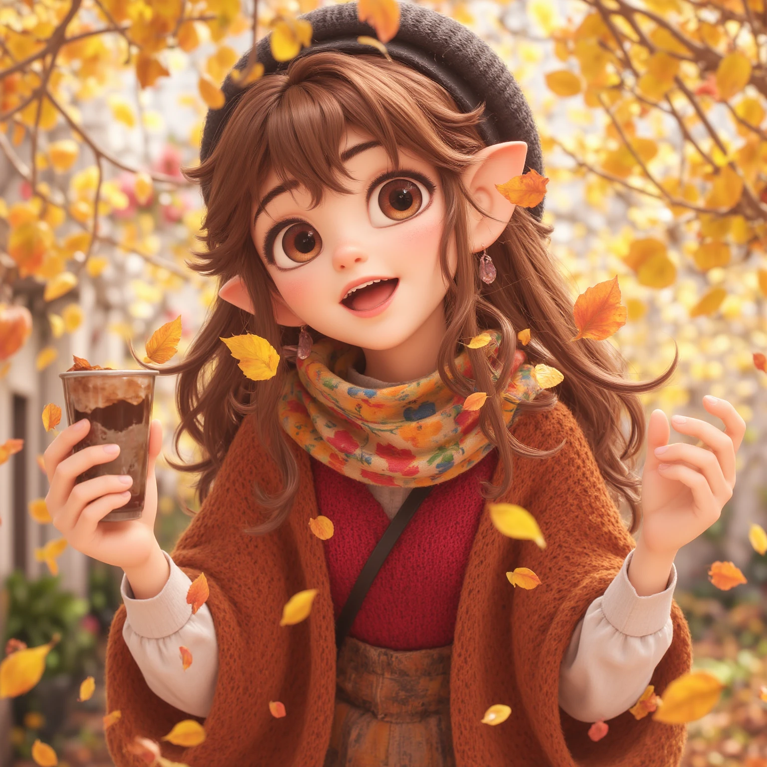 1girl, autumn leaves, bangs, black headwear, blurry background, blush, brown eyes, brown hair, brown scarf, brown skirt, cardigan, coffee, cowboy shot, cup, disposable cup, drink, falling leaves, beanie, holding, holding drink, leaf, long hair, long sleeves, looking at viewer, open cardigan, open mouth, plaid, plaid skirt, puffy long sleeves, red sweater, scarf, shirt, shirt tucked in, sidelocks, skirt, ile, solo, sweater, white shirt, extremely detailed, intricate, masterpiece, absurdres