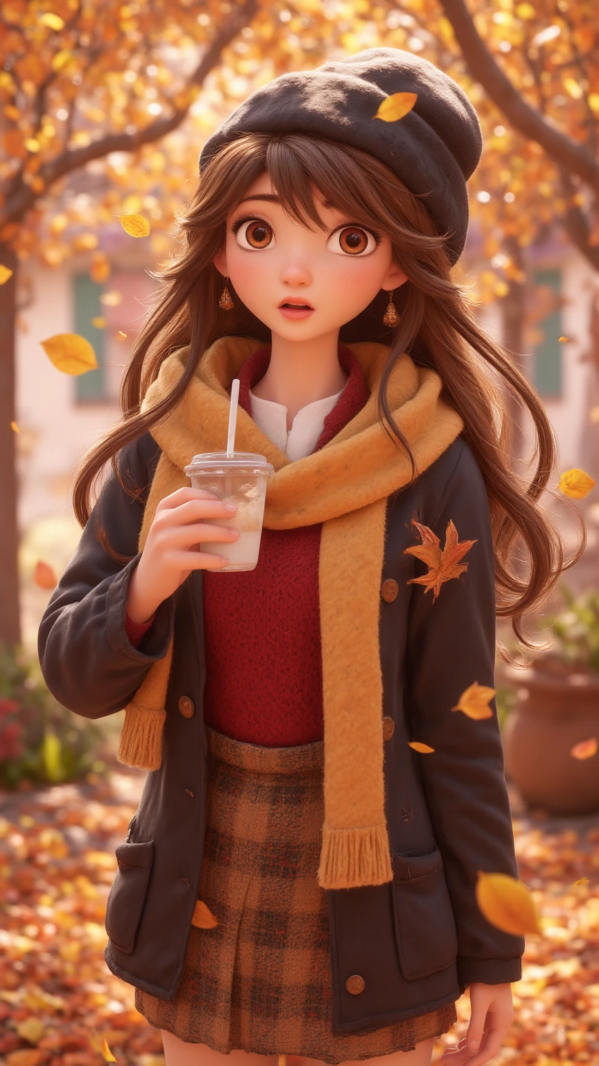 1girl, autumn leaves, bangs, black headwear, blurry background, blush, brown eyes, brown hair, brown scarf, brown skirt, cardigan, coffee, cowboy shot, cup, disposable cup, drink, falling leaves, beanie, holding, holding drink, leaf, long hair, long sleeves, looking at viewer, open cardigan, open mouth, plaid, plaid skirt, puffy long sleeves, red sweater, scarf, shirt, shirt tucked in, sidelocks, skirt, ile, solo, sweater, white shirt, extremely detailed, intricate, masterpiece, absurdres