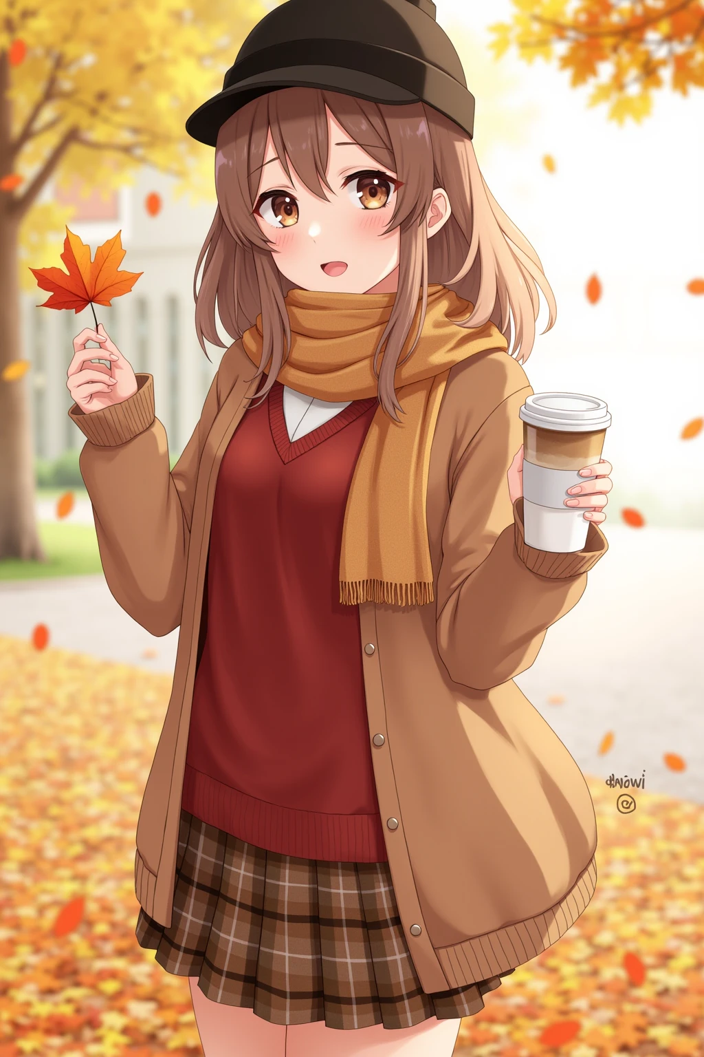 1girl, autumn leaves, bangs, black headwear, blurry background, blush, brown eyes, brown hair, brown scarf, brown skirt, cardigan, coffee, cowboy shot, cup, disposable cup, drink, falling leaves, beanie, holding, holding drink, leaf, long hair, long sleeves, looking at viewer, open cardigan, open mouth, plaid, plaid skirt, puffy long sleeves, red sweater, scarf, shirt, shirt tucked in, sidelocks, skirt, ile, solo, sweater, white shirt, extremely detailed, intricate, masterpiece, absurdres