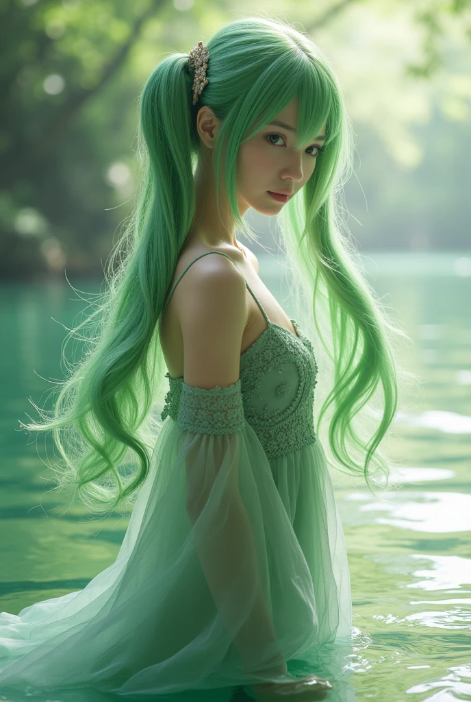 1girl, solo, hair ornament, green hair, twintails, long hair, dress, water