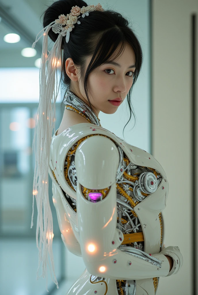 A photograph of mid-twenties Japanese female android made of shiny white and silver translucent glass and plastic, geisha makeup and hairstyle, silver metal internal body mechanis, dynamic pose, flowing organic construction, glowing golden circuitry, colorful neon trim, glowing circuitry, neon trim, depth of field focus f/2.8, art by H.R. Giger, Greg Rutowski