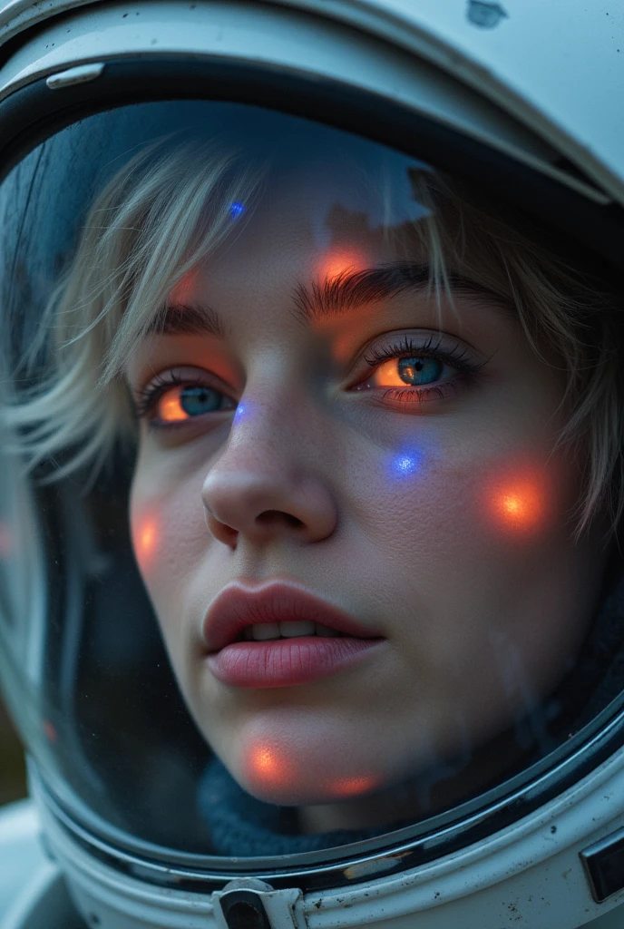(Close-up of a better masterpiece:1.5)0.9], (Space and astronauts:1.2) (Messy silver hair:1.1) (Heterochromia xanthochromia and blue eyes:1.2) (Space Helmet:1.0) (Colored stars in the eyes:1.0) (A radiant glow:1.1) (thick lips:0.9)
