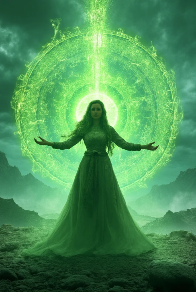 A powerful spell to create a magical barrier of protection, a woman using green magic to summon a magical shield perfect for a fantasy world.