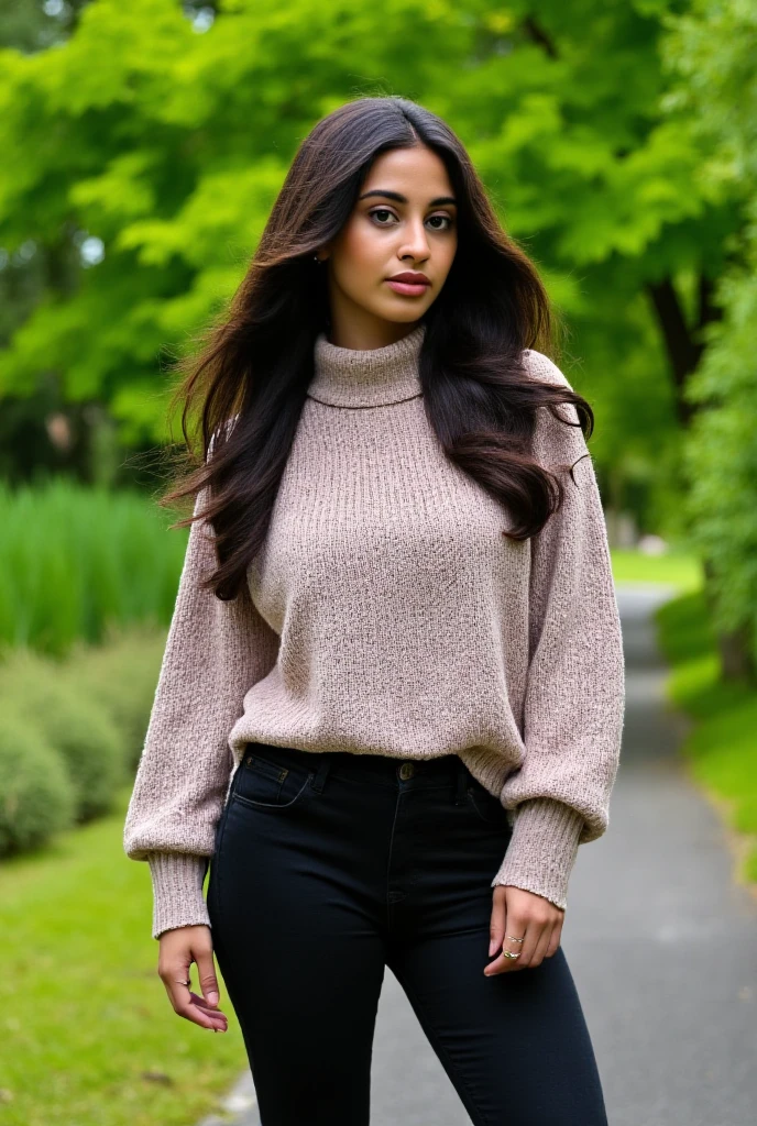 (masterpiece:1.2, best quality), 1lady, solo, upper body, big tits, Dark wash skinny jeans, oversized sweater, ankle boots, Loose waves, center part, simple hoop earrings, green Park