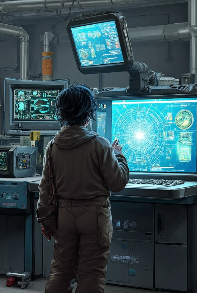 Absurd resolution, high resolution, (masterpiece: 1.4), hyper-detail, young man'essy short black hair, welder dressed up, factory high-tech workbench, tech-sense screen