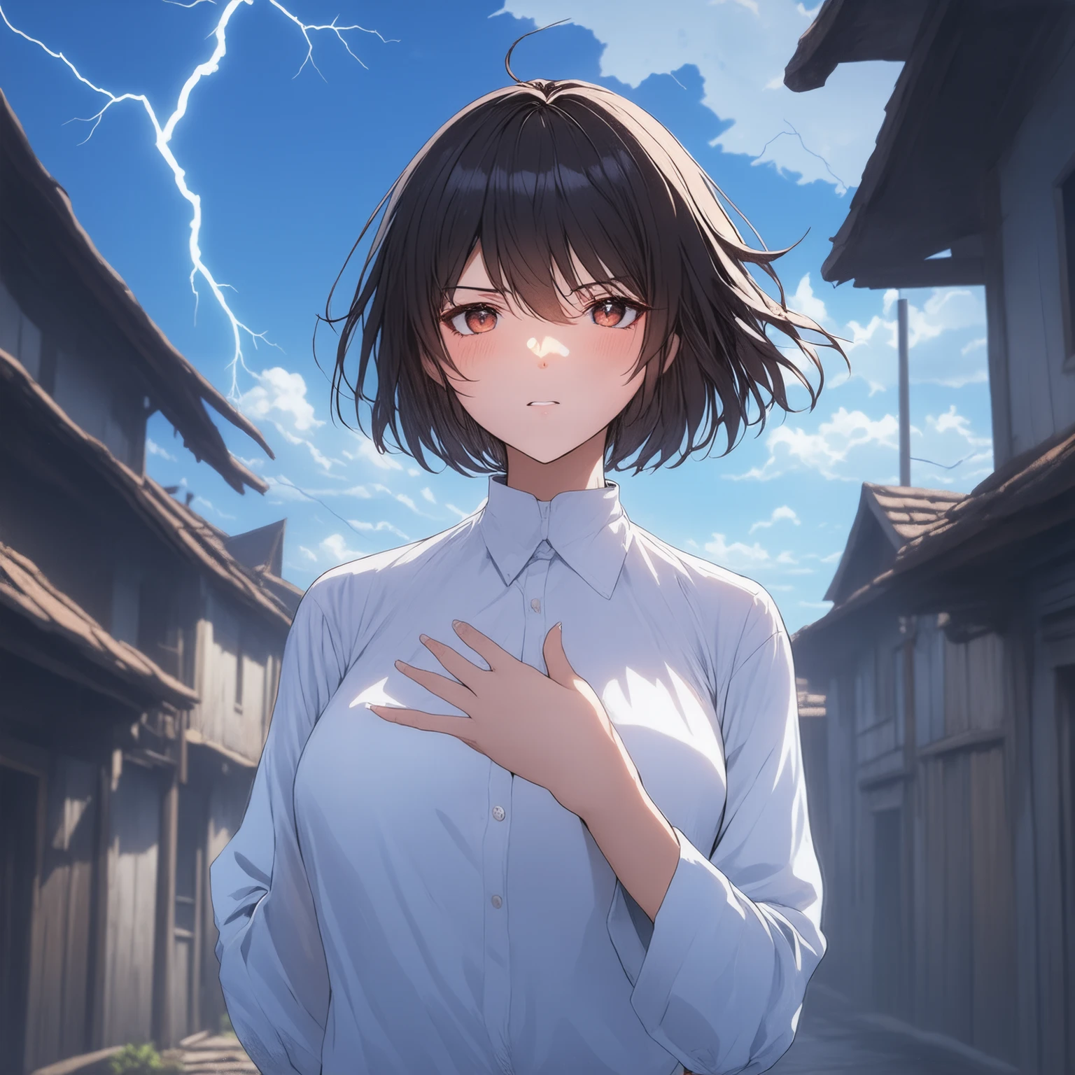 &cite;((taller)), perfectquality, fat, nipple bump, full bodyesbian, Breathtakingly beautiful, Jean Farvonian,  little breast , (high quality anime, Shinkai sincerely), Angry, Be red in the face,  and stand on the riverside street next to the village, hands on the chest, head straight-looking at viewer, No gloves. short hair blowing in the wind, with a simple background，blue colors, Look down at a low angle , a bright flash of lightning.