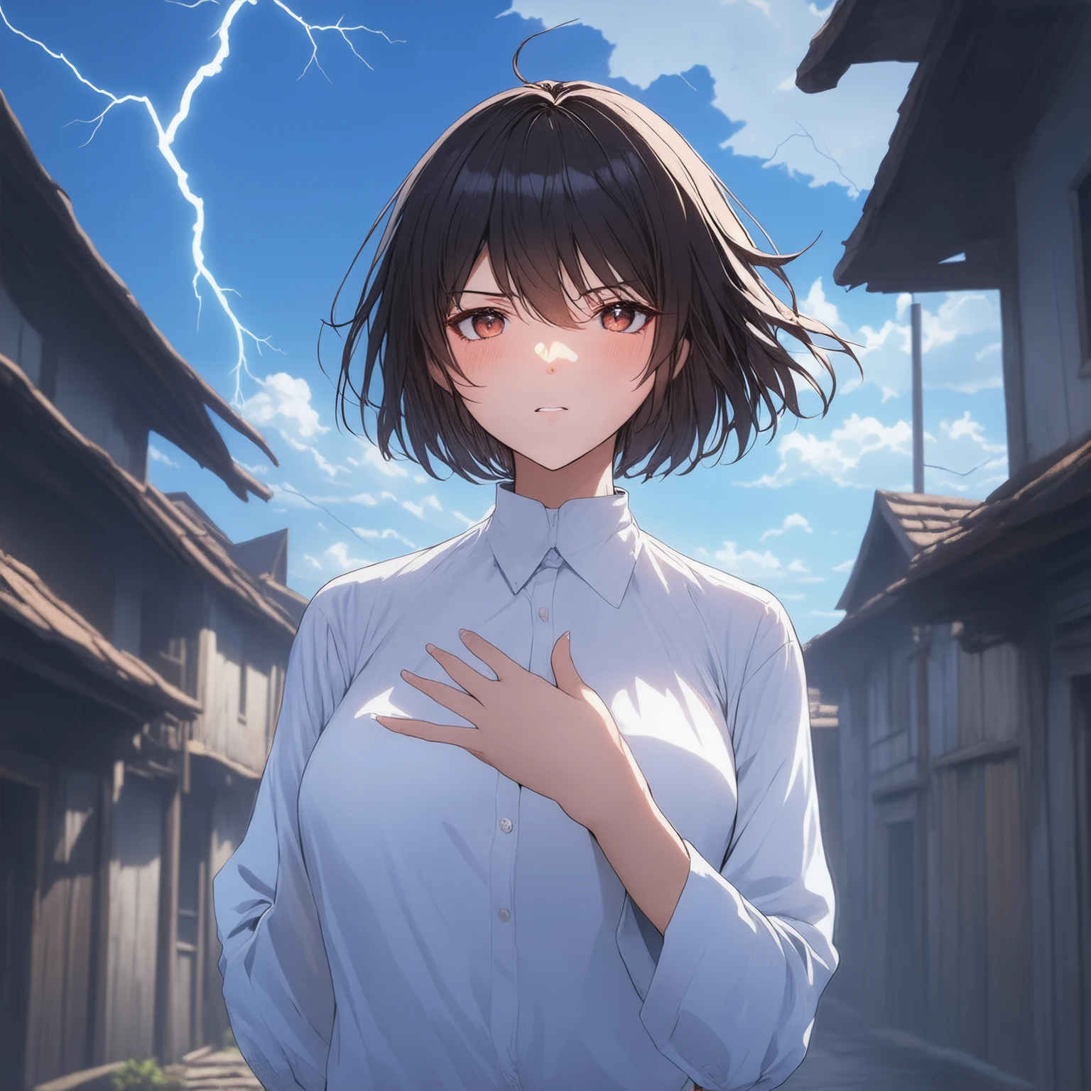 &cite;((taller)), perfectquality, fat, nipple bump, full bodyesbian, Breathtakingly beautiful, Jean Farvonian, little breast , (high quality anime, Shinkai sincerely), Angry, Be red in the face, and stand on the riverside street next to the village, hands on the chest, head straight-looking at viewer, No gloves. short hair blowing in the wind, with a simple background,blue colors, Look down at a low angle , a bright flash of lightning.