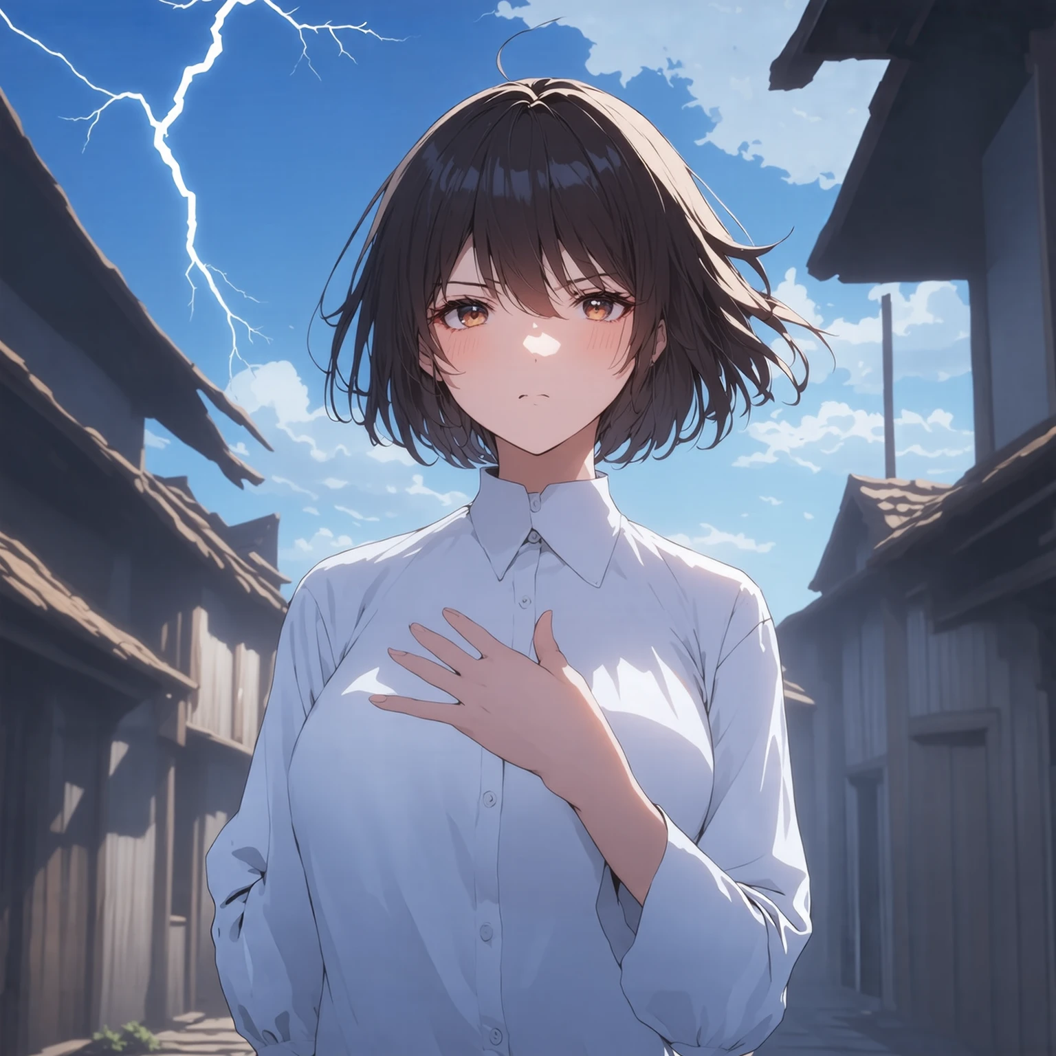 &cite;((taller)), perfectquality, fat, nipple bump, full bodyesbian, Breathtakingly beautiful, Jean Farvonian, little breast , (high quality anime, Shinkai sincerely), Angry, Be red in the face, and stand on the riverside street next to the village, hands on the chest, head straight-looking at viewer, No gloves. short hair blowing in the wind, with a simple background,blue colors, Look down at a low angle , a bright flash of lightning.