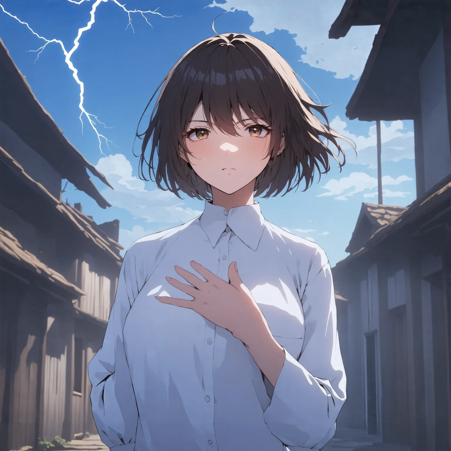 &cite;((taller)), perfectquality, fat, nipple bump, full bodyesbian, Breathtakingly beautiful, Jean Farvonian,  little breast , (high quality anime, Shinkai sincerely), Angry, Be red in the face,  and stand on the riverside street next to the village, hands on the chest, head straight-looking at viewer, No gloves. short hair blowing in the wind, with a simple background，blue colors, Look down at a low angle , a bright flash of lightning.