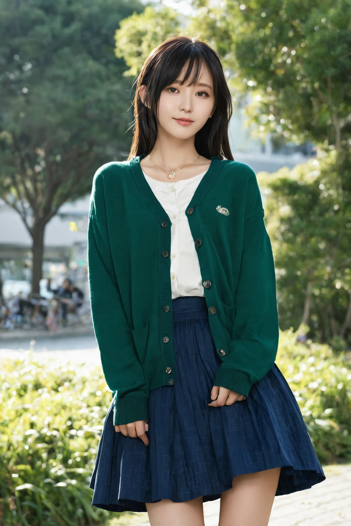 (tmasterpiece, Best, high resolution), he has raised four (oshinoko), blue cardigan , Sweaters, Dark_Green_The shirt,Superskirt, Permanent, Open clothes , Solitary,