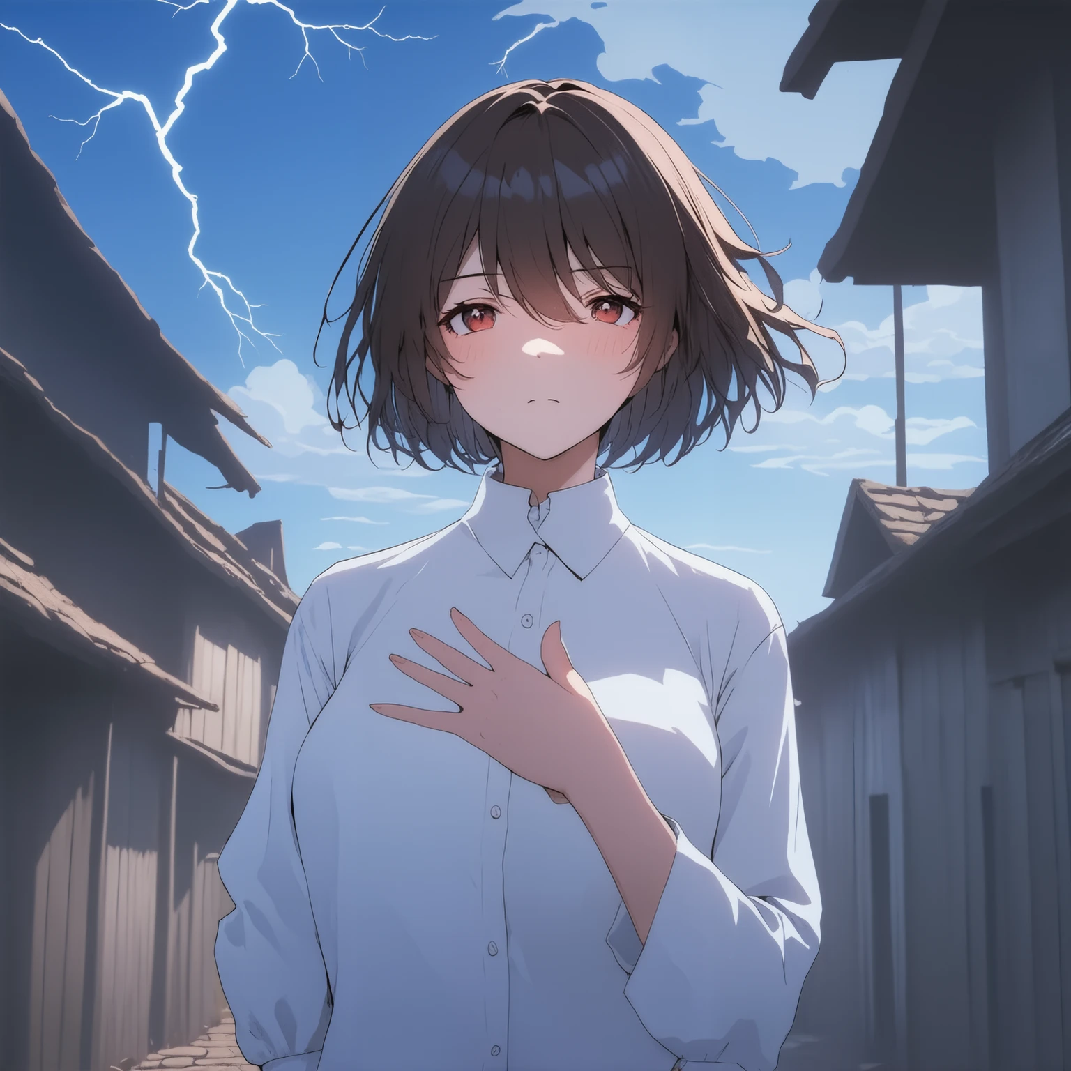 &cite;((taller)), perfectquality, fat, nipple bump, full bodyesbian, Breathtakingly beautiful, Jean Farvonian, little breast , (high quality anime, Shinkai sincerely), Angry, Be red in the face, and stand on the riverside street next to the village, hands on the chest, head straight-looking at viewer, No gloves. short hair blowing in the wind, with a simple background,blue colors, Look down at a low angle , a bright flash of lightning.