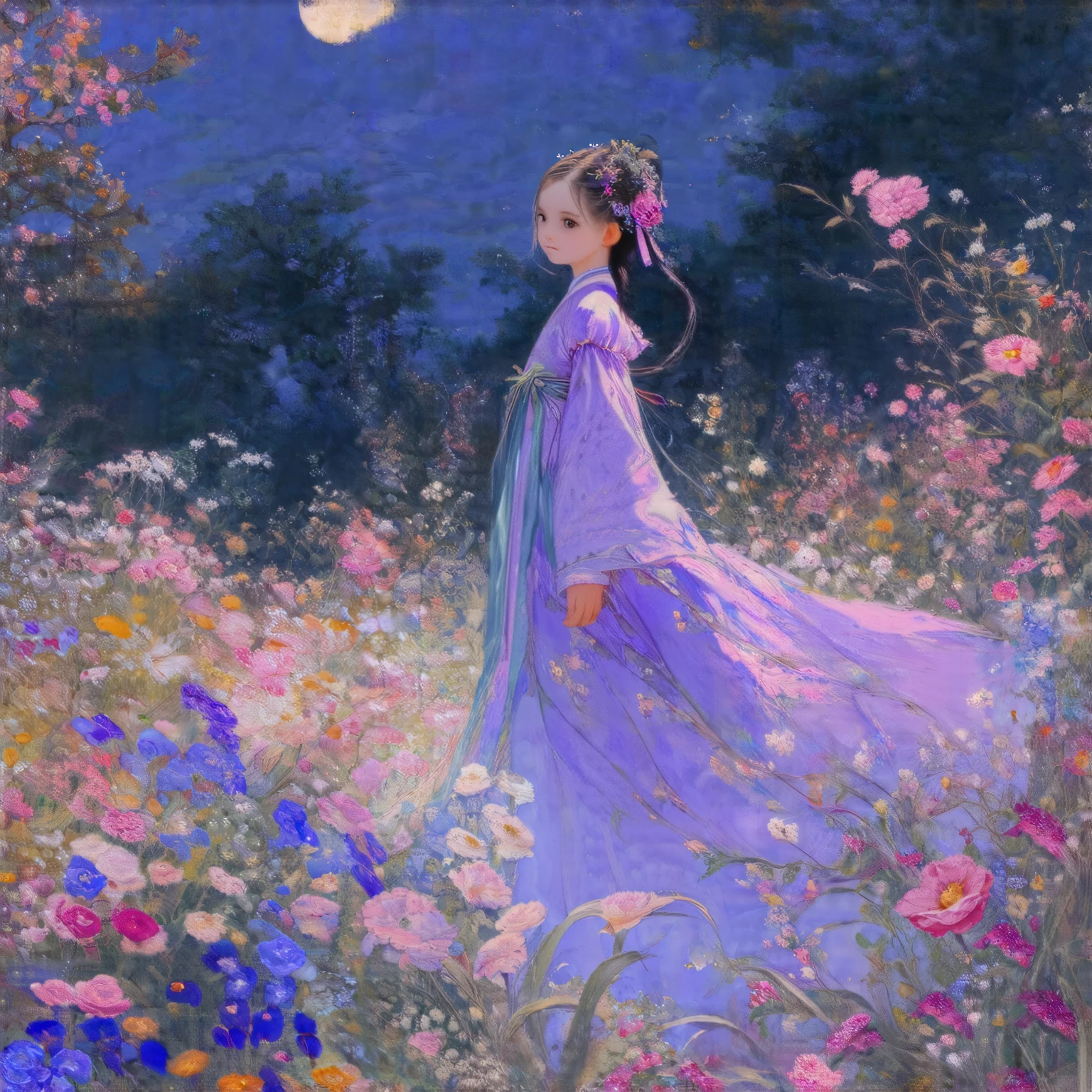 Best, tall_settle, Clear _Image of a, detailed background ,girl, Hanbok,florals,florals园,themoon, the night,