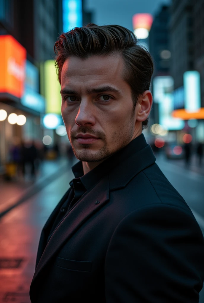 closeup face photo of caucasian man in black clothes, night city street, bokeh