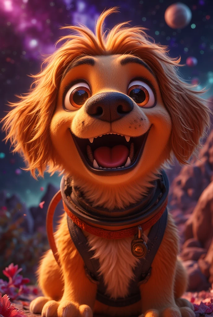  a happy puppy ,  space background , Adorable goldenhead in a spacesuit,  An expression of joy , Floating in space , Star, nebula, planet, ( Best quality,4K,8K, high resolution,masterpiece:1.2), super detailed ,(Practical,photoPractical,photo-Practical:1.37),Digital Painting,  complicated details, , bright colors , Dramatic lighting ,  Film composition 