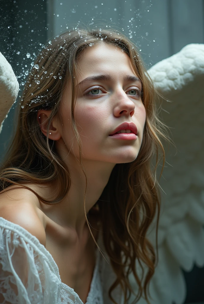 A crying angel , Falling from the sky , with a compassionate gaze, details angelic features with a compassionate gaze , beautiful eyes , Beautiful and delicate lips, 's face is extremely detailed , splashing water spray , lighting, Holy atmosphere, Dramatic Contrast of Light and Dark , soft tones , soft lighting , dramatic shadows , Digital Painting, Concept Art