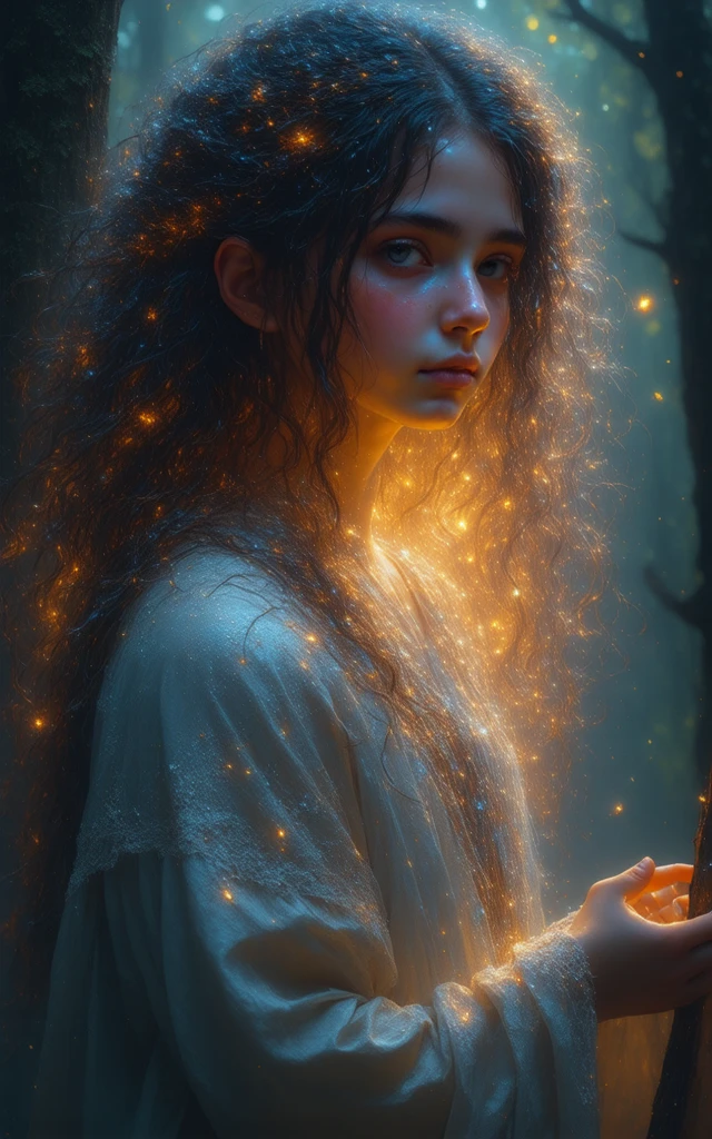 1 girl,Simple ile, HD images, a woman, Her hair is decorated with glowing fireflies, There is a charming light in the eyes. Wearing a robe woven from moonlight, She stood in a mysterious forest，The trees come alive. on site, Bathe in the ethereal glow of fireflies, captured in the style of a magical forest arTWork., (masterpiece, best quality, official art,intricate details:1.2)