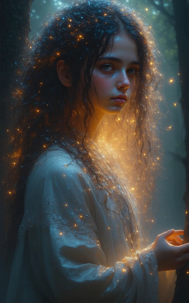 1 girl,Simple ile, HD images, a woman, Her hair is decorated with glowing fireflies, There is a charming light in the eyes. Wearing a robe woven from moonlight, She stood in a mysterious forest,The trees come alive. on site, Bathe in the ethereal glow of fireflies, captured in the style of a magical forest arTWork., (masterpiece, best quality, official art,intricate details:1.2)