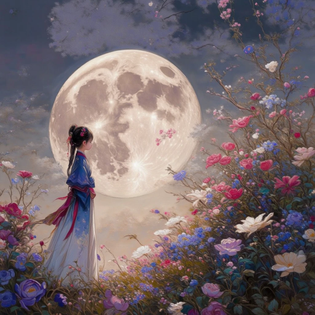 Best, tall_settle, Clear _Image of a, detailed background ,girl, Hanbok,florals,florals园,themoon, the night,
