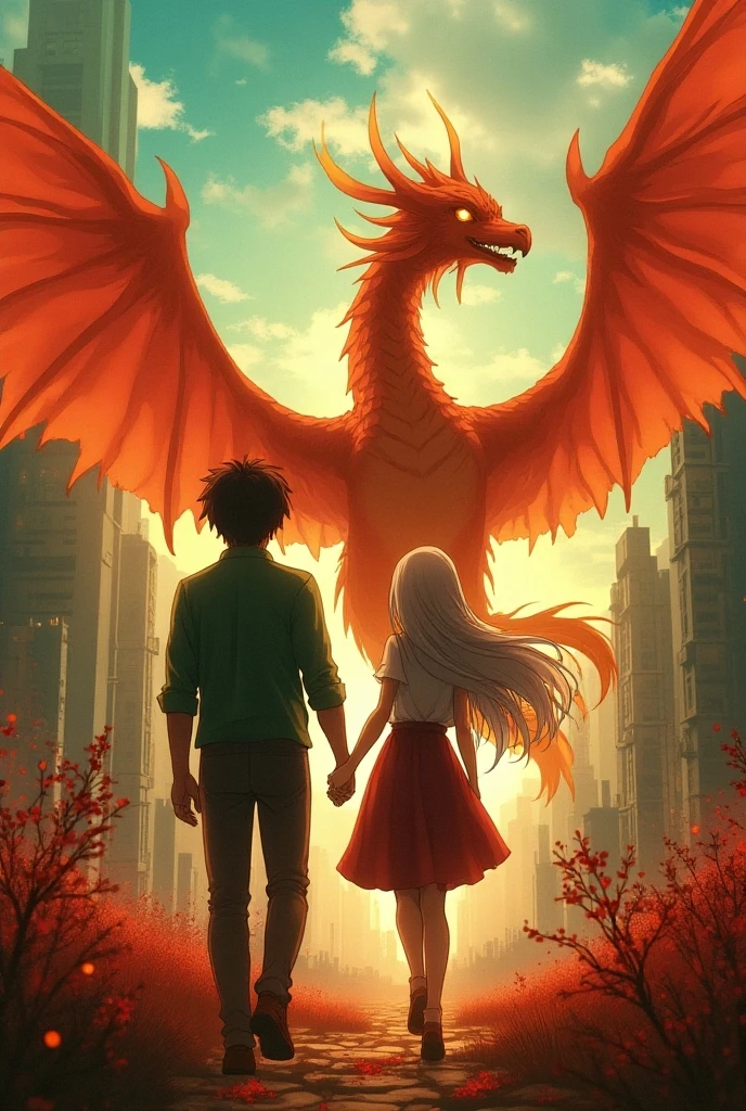 An anime couple walking in the red, wine, and green、 An anime couple walking in a wild sci-fi city . A girl with long waist-length hair 、whaite hair、 A girl with golden pupils , Holding a man with medium to long hair . Dragon and Phoenix figure surfacing . close-up perspective. conceptual art Makoto Shinkai , pixiv winner , romantici lain, makoto shinkai cyril rolando, love concept art , Ross in a trance. Landscape background, Ross Chan (ross tran) and makoto shinkai (Makoto Shinkai), ross tran and ilya kuvshinov, loish 和 ross tran.
