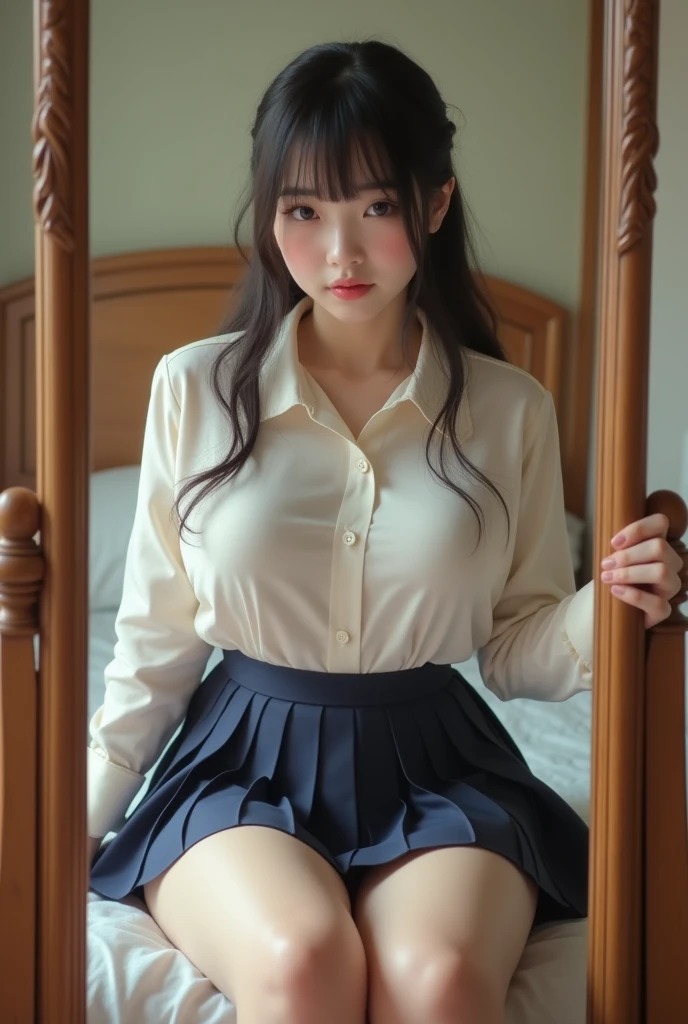 masterpiece、High resolution、Japanese、、short、Please sit down、Show me your underwear、Cute light panties((school uniform、blouse、Check skirt))Spread your legs obscenely、Panties are digging in、Young Face、I'm looking forward to、ばだけたblouseから見える胸