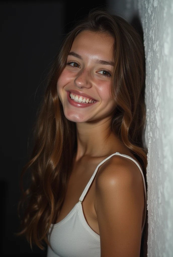 13 year old girl with medium length brown hair, children's pigtails hair, Caucasian facial structure, green eyes, a beautiful smile on her face and a deep look, she in a short tight red dress, bare shoulders, visible nipples, she in a apartment, full body view