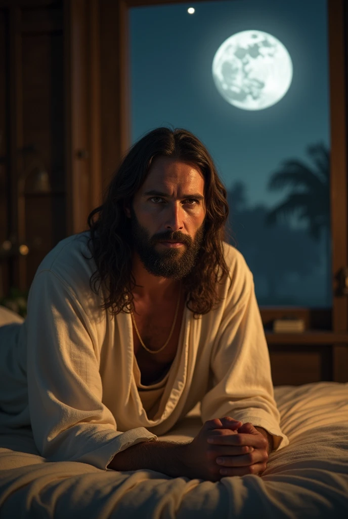 Jared Leto naked in bed, his face smiling and loving but tired, the sheets barely covering his beardless body, in the background a bay window overlooking a beach, the sun was just rising over the ocean
Negative prompt: cloths, underwear --auto --s2