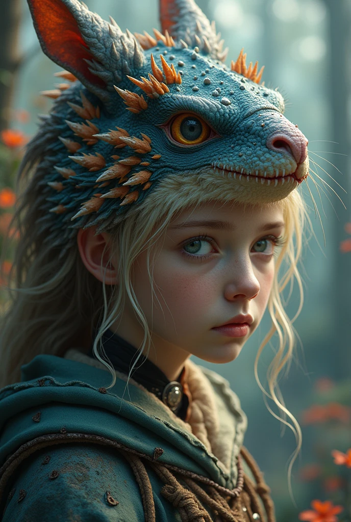 High Resolution Digital Art 8K Image A Very Beautiful 10 Year Old Girl Blonde Blue Eyes in Green Sweatshirt on Skirt Looking at a Blue Dragon Ultra Detailed Ultra Detailed Ultra Realistic Shadows