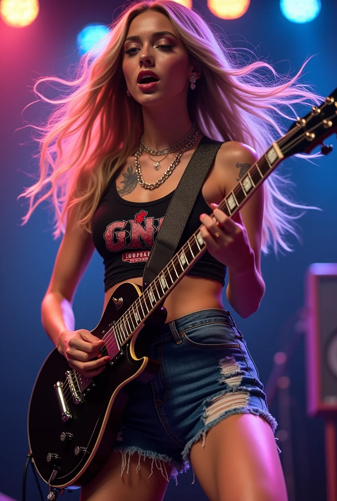 blonde girl grunge, black les paul guitar, 70's, stage, tattoos, jeans, singing, shades, flannel, topless