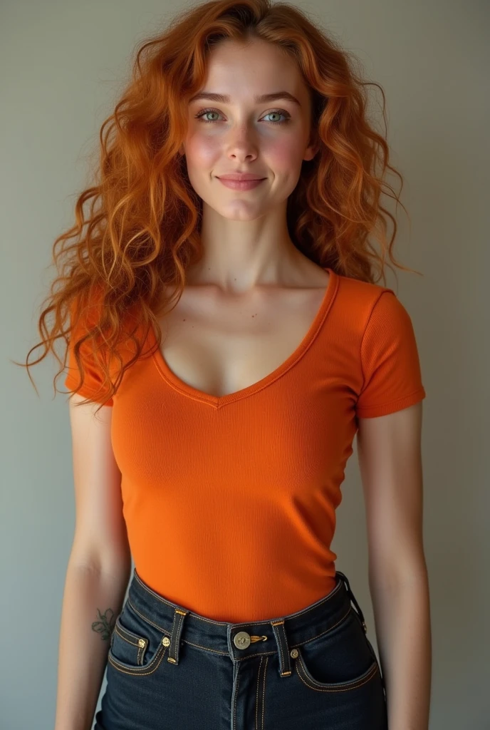 Half body photo of a cute 20 year old pretty redhead girl, redhead, long wavy hair, or looks at the camera , full face (you look shy:1.3), freckles, detailed face, detailed skin, (tshirt without panties), beautiful body, Big teal eyes, sensual lips, Suggestive pose, from the back, showing ass, looking over her shoulder into the camera