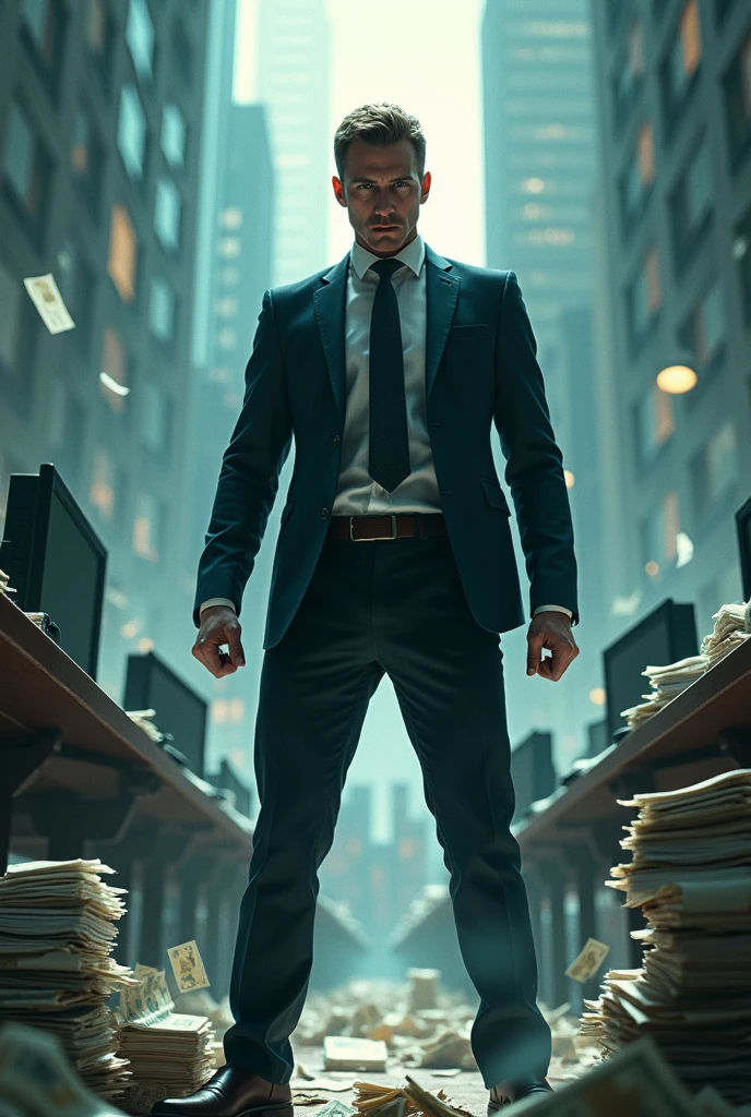 A man holds a gun in his hand,There are zombies all around,The background is abandoned high-rise buildings and streets