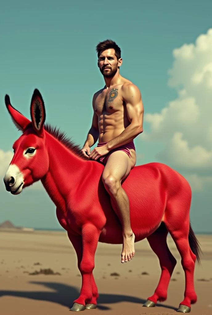 Coloring cartoon of a man dressed in a bathrobe, riding a winged donkey, with a golf club in his hand and surrounded by women in bikinis.