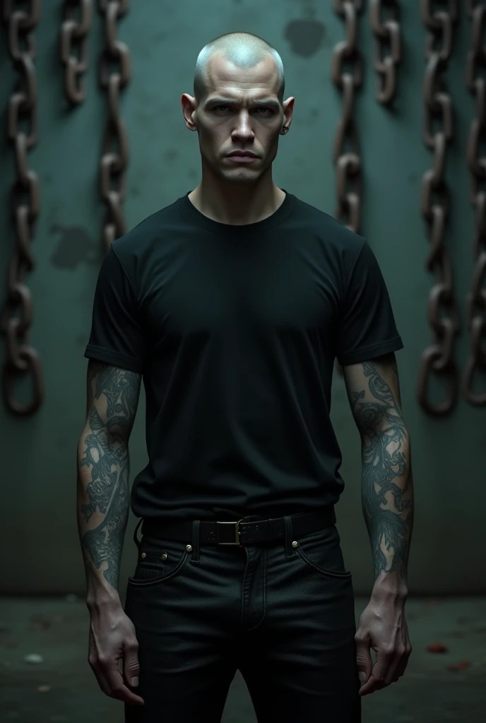 Tattooed male model shaved head pointy mustache, soul pach, glasgow smile scars, tall, slim fit, naked and wet, just a tawel atound the waste steping out of the shover