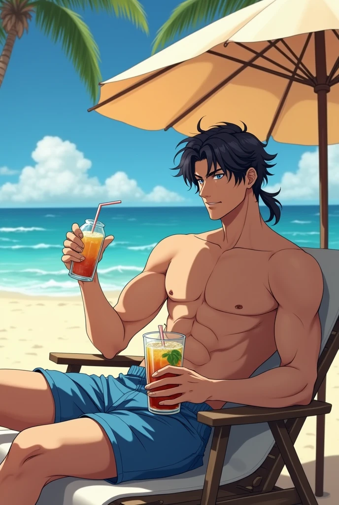 Hikaru is a young and tall man, with a thin and athletic build. He has slightly long blonde hair. You can see a pair of black stars in his eyes, remembering that the stars in the eyes His eyes are blue, he is wearing men's swim shorts while standing on the beach with a drink