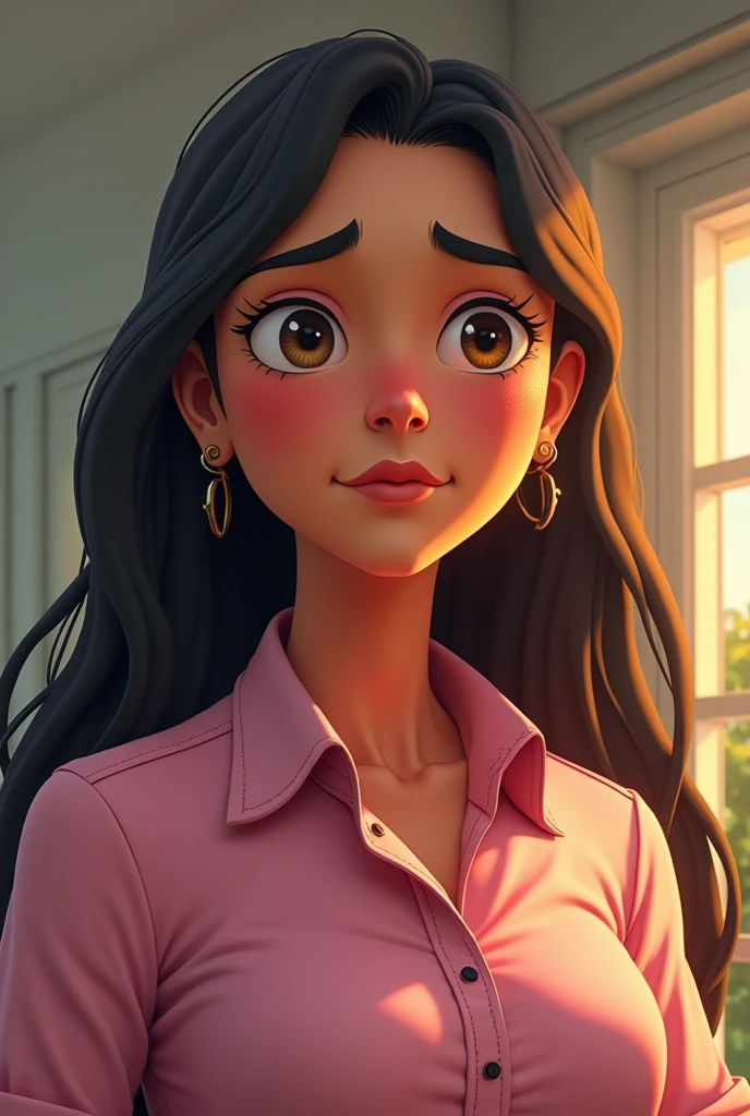  animation of a 28-year-old woman , pele morena, long and medium brown hair , indigenous features ,  fuller face and wearing pink dress shirt, desktop background