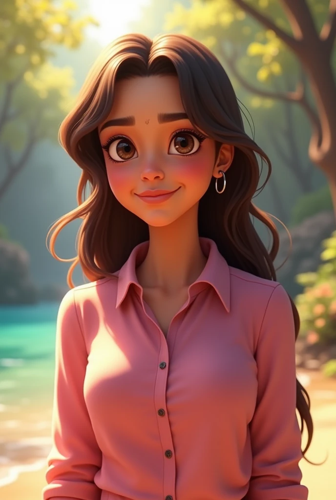  animation of a 28-year-old woman , pele morena, long and medium brown hair , indigenous features ,  wearing a pink dress shirt, desktop background