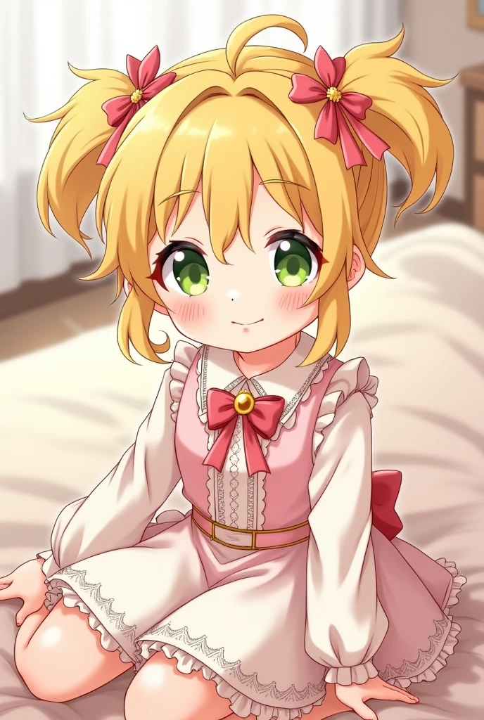 master piece, best quality, 8k, ultra high resolution, highest quality, anime style, best writing, beautiful face, bob cut、Room, Blonde, Green eyes, masterpiece, best quality, hina ichigo, Pink dress, White dress layer, (Bloomers:0.6)、sit with legs stretched out on the floor、blush、smile