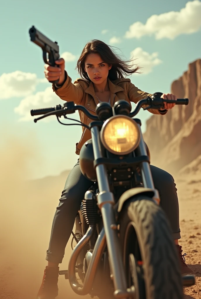a brunette woman with shoulder length hair, brown-eyed, riding a black custom motorcycle , she is wearing a sleeveless leather vest, jeans and black boots, on his back a khaki-colored modular military backpack the scene is an asphalt road with vultures devouring a dead dog, the landscape is semi-arid with cracked soil and failed fences, The sun is almost setting