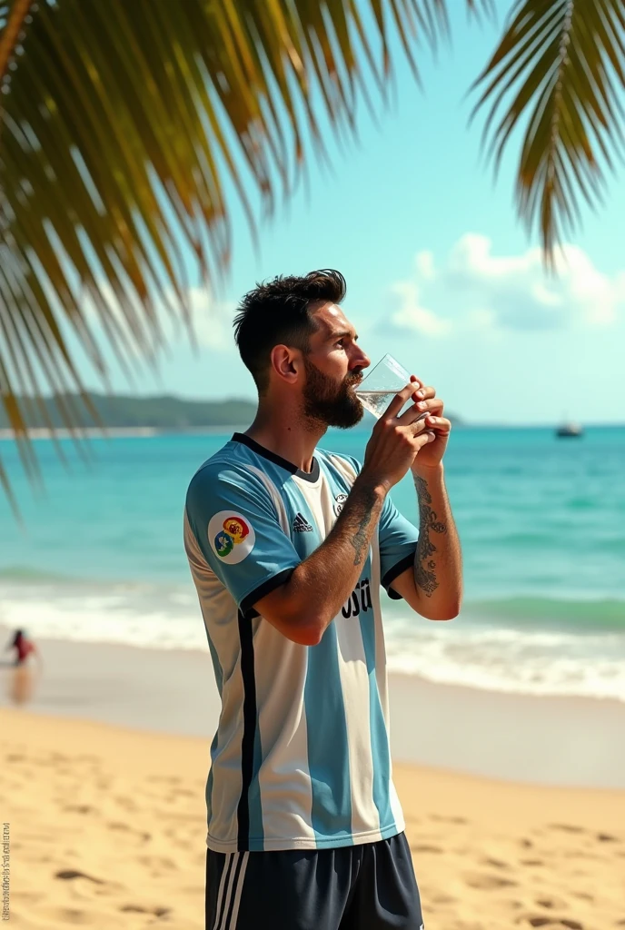 lionel messi, casual outfit, holding small opened green coconut at beach in rio de janeiro, cristo redentor background, tattoos