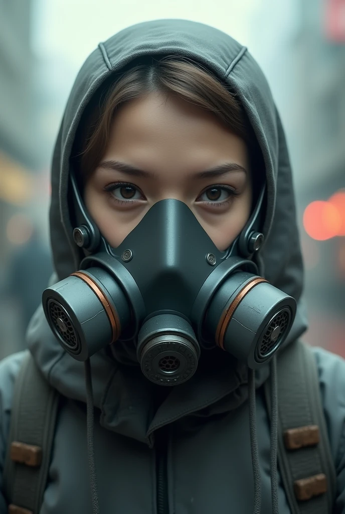 a photo of a 10 YEAR OLD, post-apocalyptic GIRL with a gas mask on her face, portrait photo, futuristic outfits