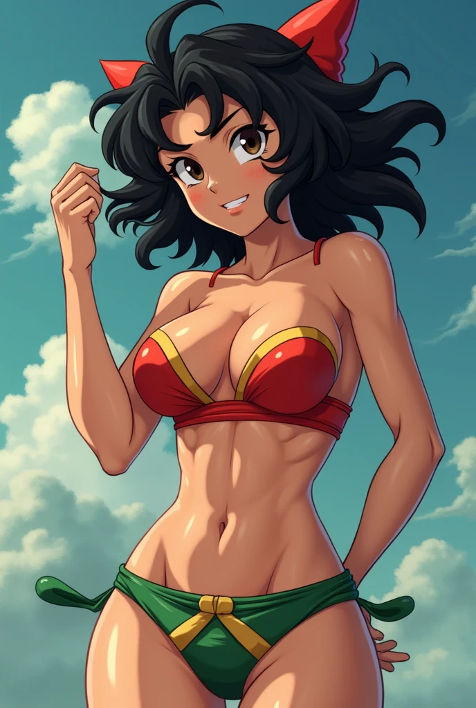 アニメ cel-shading Kefla, bikini, on the beach in ((anime + manga + comics + cartoon) style)