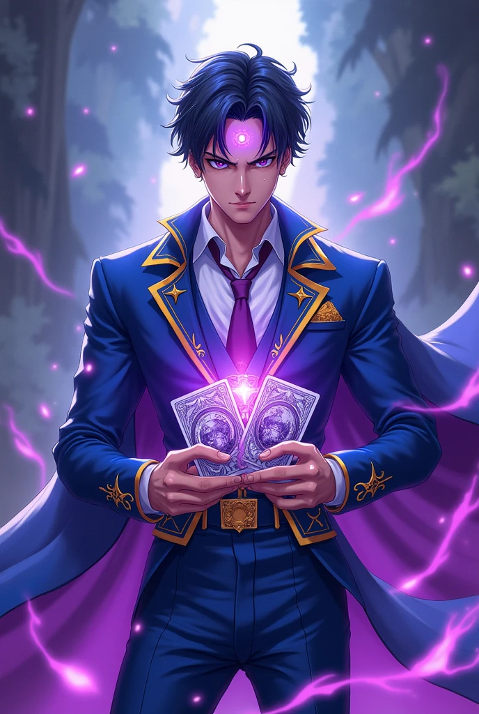 Shounen-style anime character , he wears a suit with the colors royal blue and gold , who has a third eye on the test , and holds tarot cards in his hands with purple powers on them
