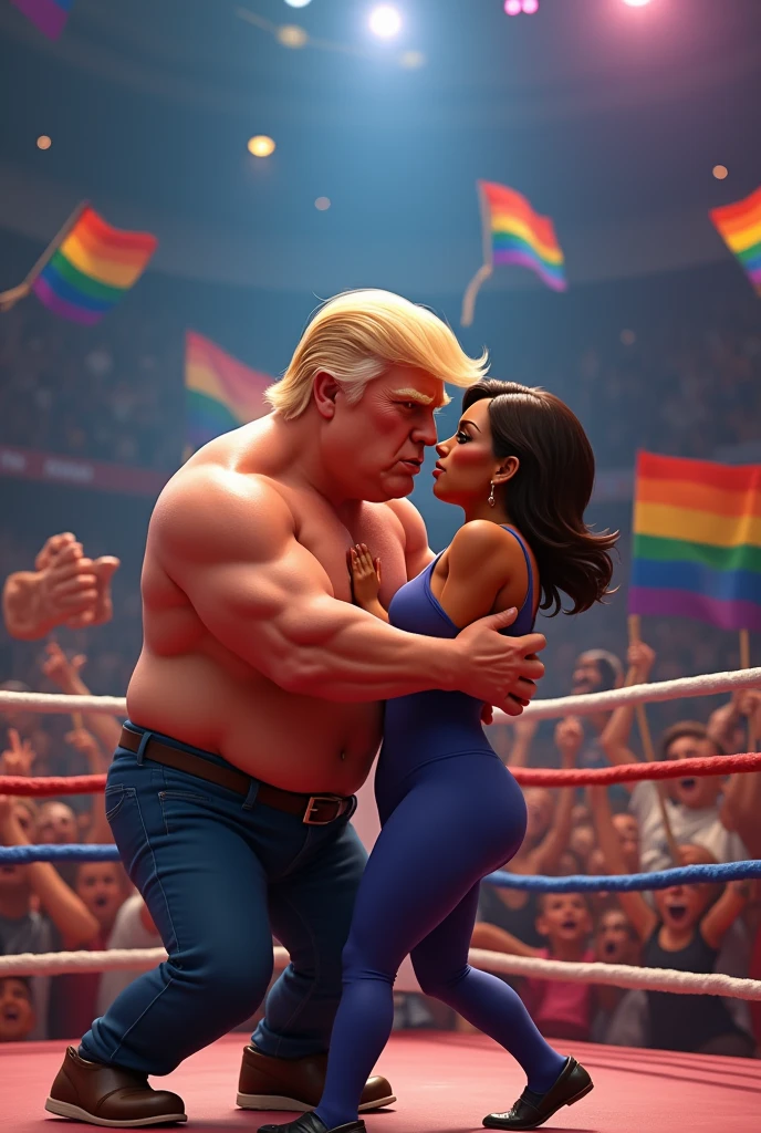 Best Quality, Masterpiece, super high resolution, Blonde powergirl with very white skin with big breasts and very thick legs kneeling kissing the hand of a fat black boy with crown dressed as a king in the middle of the street, whole body, makeup, cheek bulge, smiley, (realism:1.5)
