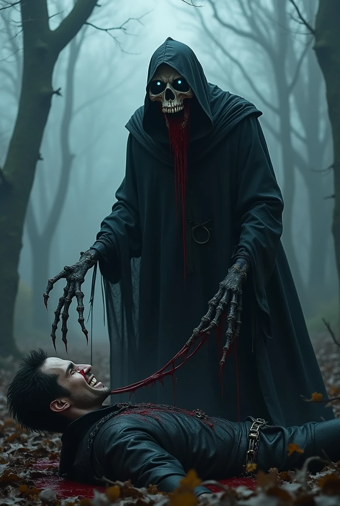 realitic horror man, flesh mantle with hood, a lot of mold, torn mantle of stretched human flesh, rotting skin with mold, deformed, ugly, worms in body, broken limbs, ugliness, fangs, long limbs, thinness, wounds, covered in blood, bright light from mouth and mouth, full height. A dynamic scene. Dynamic perspective. Dynamic pose. Oil painting
