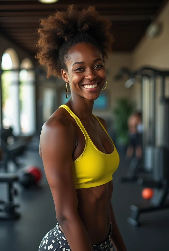 Black woman in t-shirt at gym working out her arms