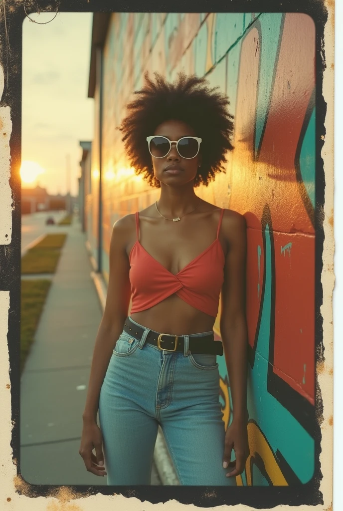 Polaroid photo featuring a young Black woman in a vintage 90s outfit with oversized sunglasses, a crop top, and high-waisted jeans, standing in front of a colorful graffiti wall during golden hour.