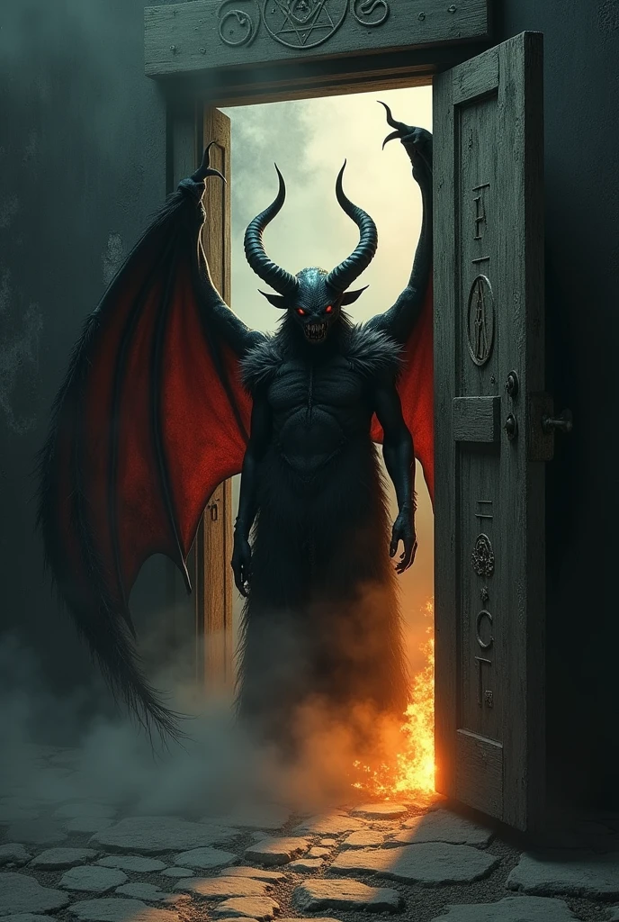 Create a image of a devil going from a beautiful house