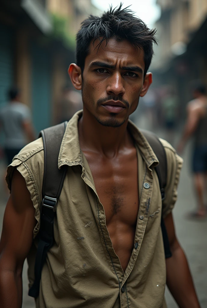 vagabond Filipino 28 years old, dirty white cloths, barefoot, whole body, realistic, with trash