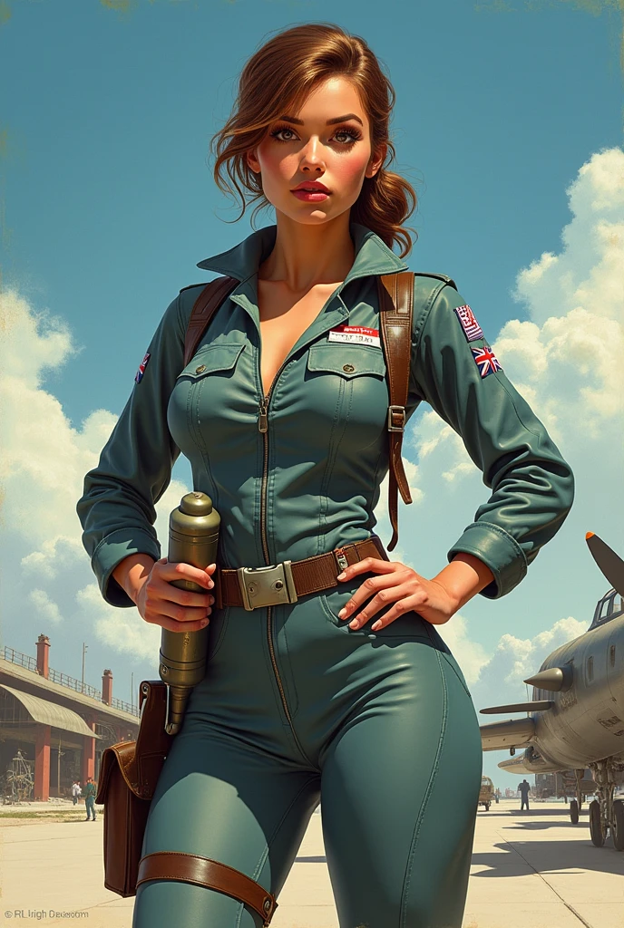 a close up of a woman in a green uniform standing in front of a plane, artgerm and gil elvgren, adam hughes, pinup art, chris moore. artgerm, comic pinup style, by Mark Brooks, mark schultz, pin-up, pin - up, pin up, artgerm and j. dickenson