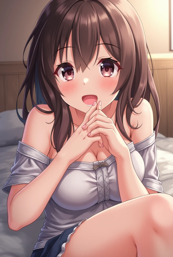 masterpiece,, Yukarihan, Brown hair, Long hair, (sensual) smile, Opened mouth, lace and silk and frill dress,(bare chest and collarbone:1.4),nipples