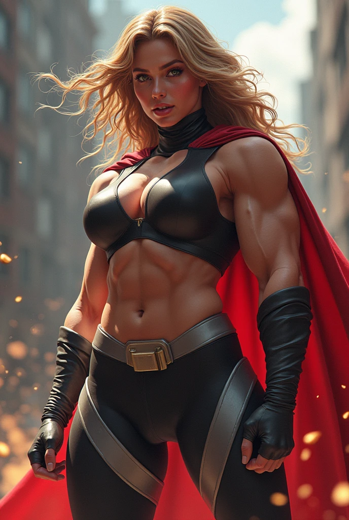 (Busty muscular brute cute Lady Gaga), huge strong biceps volume, huge firm breasts volume, enormous tits volume, strong tonned exposed abs, muscular strong legs, bodybuilder muscles bursting in strength, long wavy curly hair, subtle smile, exposed abs skin, city destruction fire background, tight warrior costume